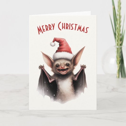キュート怖いこうもりサンタハットレッドポインセチア・クリスマス カード (正面)