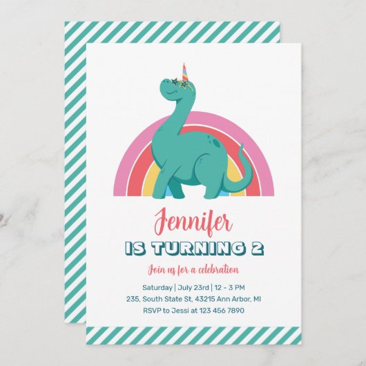 キュート恐竜とレインボーキッズディノ誕生日 招待状 (正面/裏面)