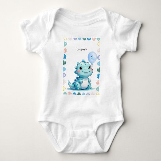 キュート恐竜のロアボーイハッピーバースデーパーティー ベビーボディスーツ (正面)