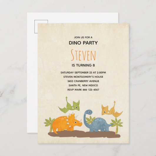 キュート恐竜の先史時代の野生生物誕生日 インビテーションポストカード (正面/裏面)