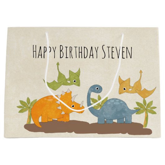 キュート恐竜の先史時代の野生生物誕生日 ラージペーパーバッグ (正面)