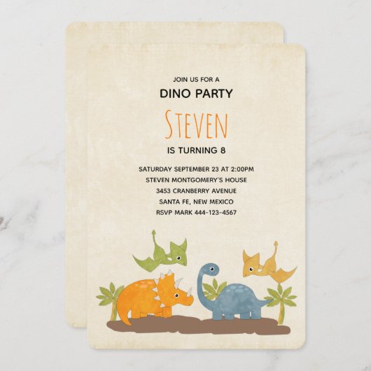 キュート恐竜の先史時代の野生生物誕生日 招待状 (正面/裏面)