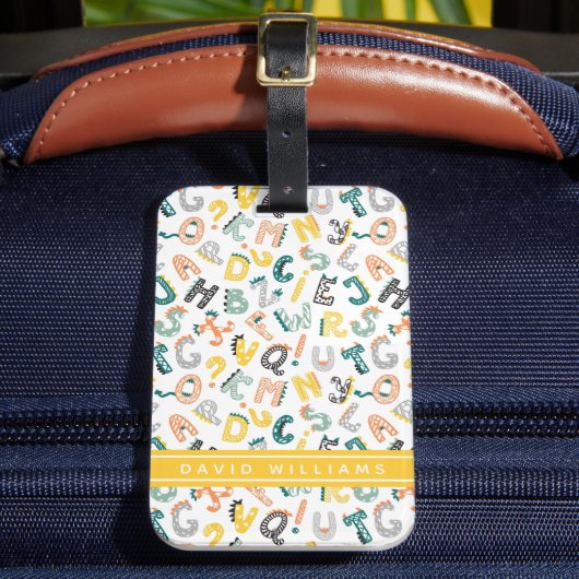 キュート恐竜アルファベットパターン名前をカスタムする ラゲッジタグ (正面インサイチュ2)