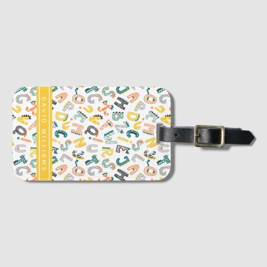 キュート恐竜アルファベットパターン名前をカスタムする ラゲッジタグ (正面横)