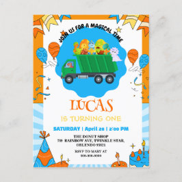 キュート恐竜カラフルごみトラックの誕生日の男の子 インビテーションポストカード