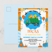 キュート恐竜カラフルごみトラックの誕生日の男の子 インビテーションポストカード (正面/裏面)