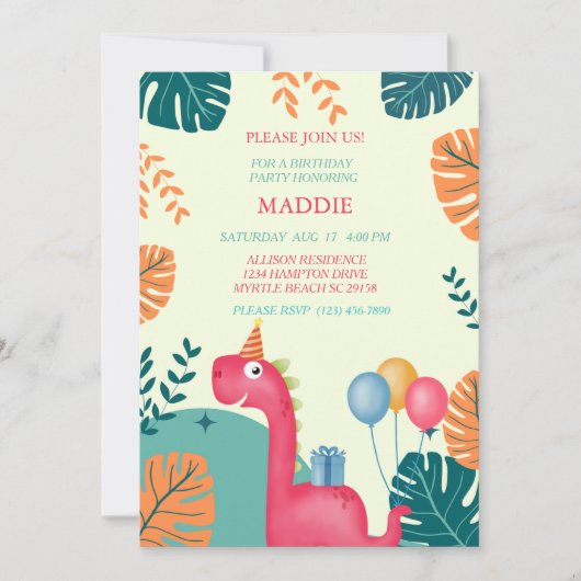 キュート恐竜ガールズバースデーパーティー招待状 招待状 (正面)
