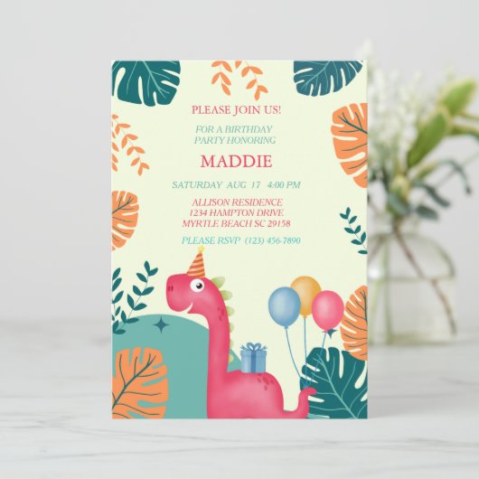 キュート恐竜ガールズバースデーパーティー招待状 招待状 (スタンド正面)