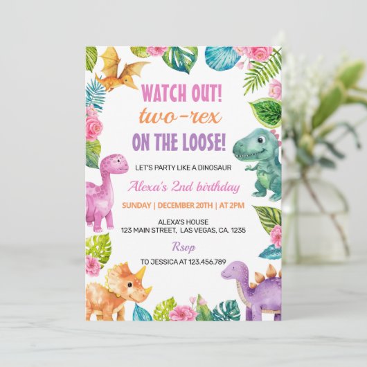 キュート恐竜ガールツーレックス誕生日招待状 招待状 (スタンド正面)