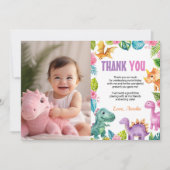 キュート恐竜ガール誕生日写真サンキューカード サンキューカード (正面)