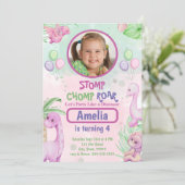 キュート恐竜ガール誕生日写真招待状 招待状 (スタンド正面)