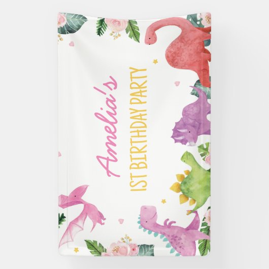 キュート恐竜ガール誕生日 横断幕 (縦)