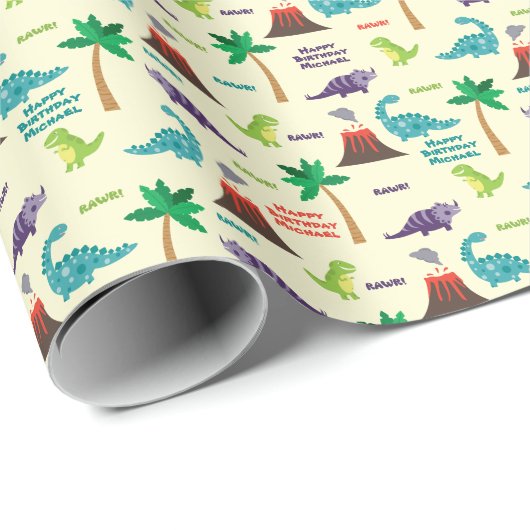 キュート恐竜キッドの名前をカスタムする誕生日 ラッピングペーパー (ロールコーナー)