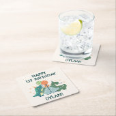 キュート恐竜キッドハッピーバースデー スクエアペーパーコースター (インサイチュ)