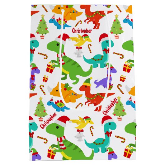 キュート恐竜クリスマスパーソナライズされた抱き枕 ミディアムペーパーバッグ (裏面)