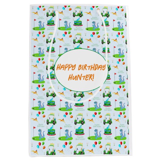 キュート恐竜ゴルフをテーマにしたキッズハッピーバースデー ミディアムペーパーバッグ (正面)