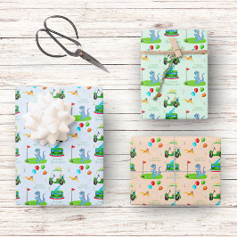キュート恐竜ゴルフをテーマにしたキッズハッピーバースデー ラッピングペーパーシート