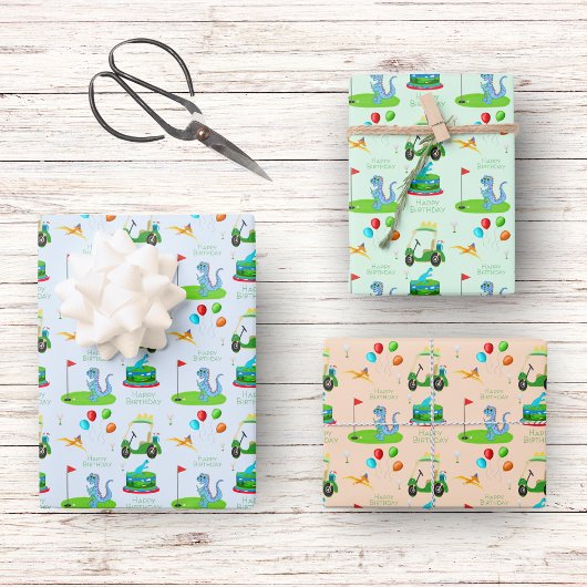 キュート恐竜ゴルフをテーマにしたキッズハッピーバースデー ラッピングペーパーシート