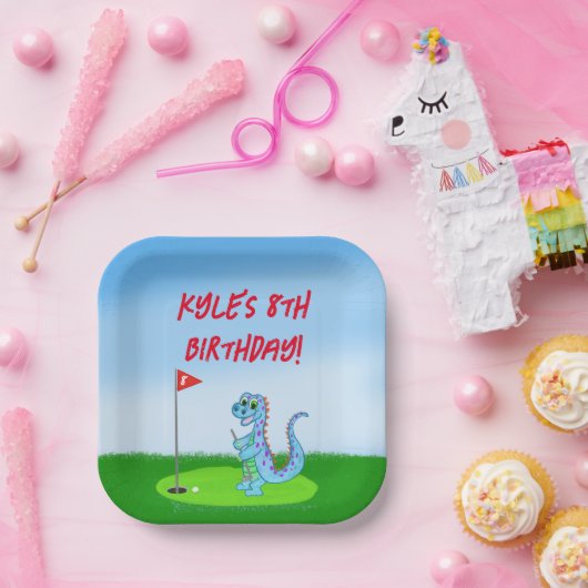 キュート恐竜ゴルフをテーマにした子供の誕生日ナプキンス ペーパープレート (パーティー)