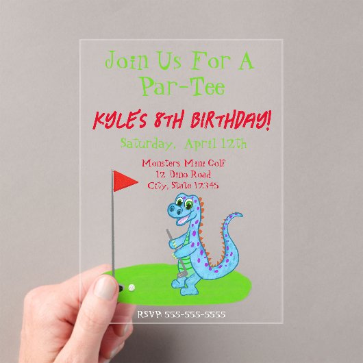 キュート恐竜ゴルフをテーマにした子供の誕生日 アクリル招待状 (インサイチュ (ポータブル))