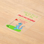 キュート恐竜ゴルフをテーマにした子供の誕生日 アクリル招待状 (レイダウン)