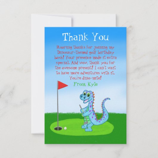キュート恐竜ゴルフをテーマにした子供の誕生日 サンキューカード (正面)