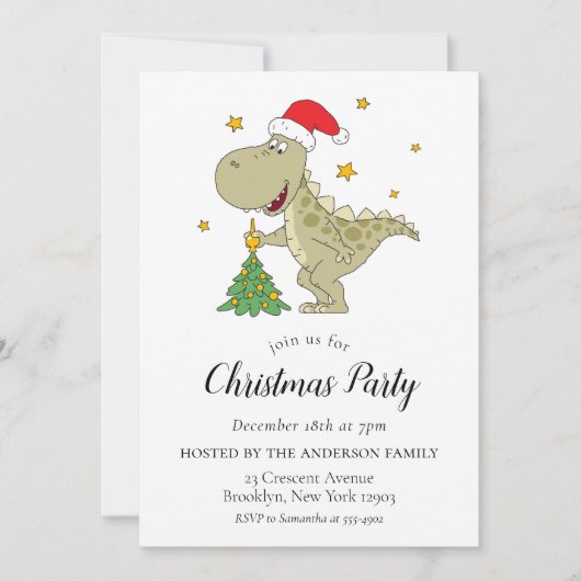 キュート恐竜サンタハットクリスマスパーティの招待状 招待状 (正面)