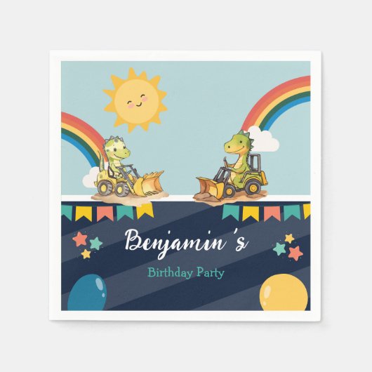 キュート恐竜ショベルトラクタのレインボー誕生日 スタンダードカクテルナプキン (正面)