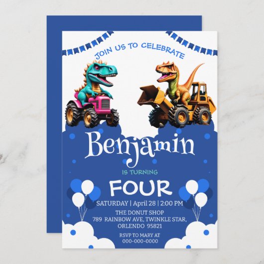 キュート恐竜ショベルトラクター誕生日 (正面/裏面)