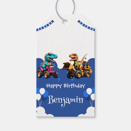キュート恐竜ショベルトラクター誕生日 ギフトタグ (正面)