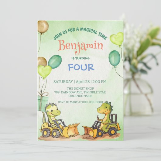 キュート恐竜ショベルトラクター誕生日 招待状 (スタンド正面)