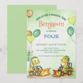 キュート恐竜ショベルトラクター誕生日 招待状 (正面/裏面)