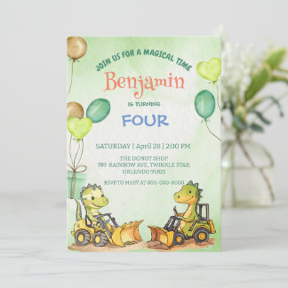 キュート恐竜ショベルトラクター誕生日 招待状