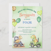 キュート恐竜ショベルトラクター誕生日 招待状 (正面)