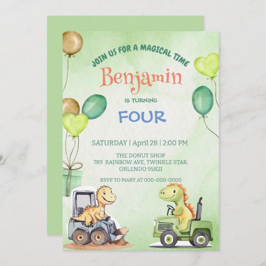 キュート恐竜ショベルトラクター誕生日 招待状 (正面/裏面)