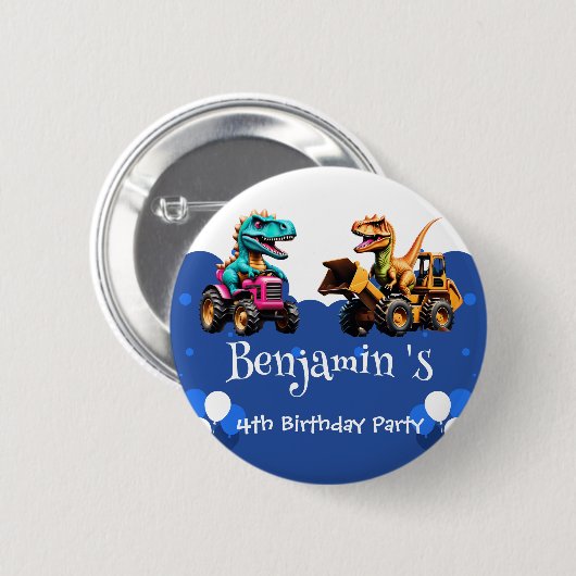 キュート恐竜ショベルトラクター誕生日 缶バッジ (正面&裏面)