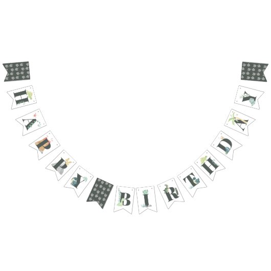 キュート恐竜ジャングルウォーターカラーボーイハッピーバースデー バンティングフラッグ (全)