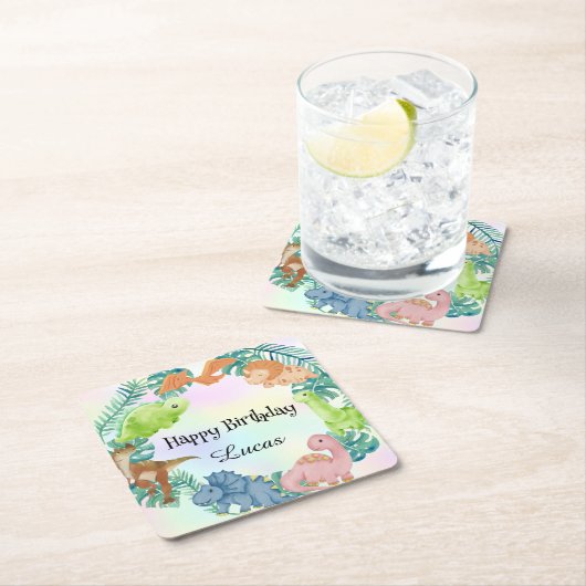 キュート恐竜ジャングルスクール子供の誕生日パーティー スクエアペーパーコースター (インサイチュ)