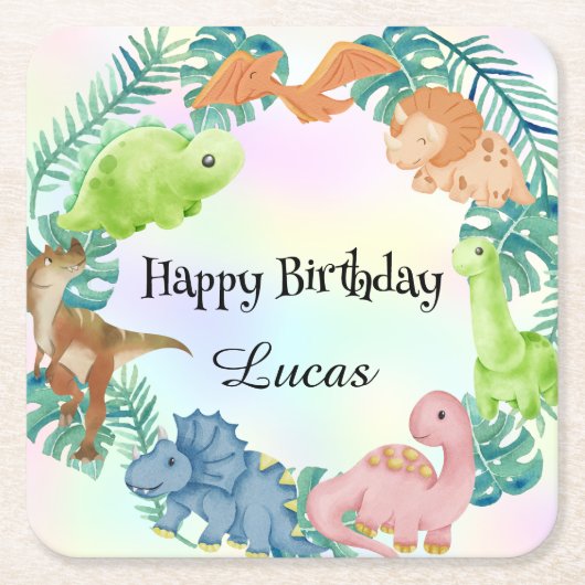 キュート恐竜ジャングルスクール子供の誕生日パーティー スクエアペーパーコースター (正面)