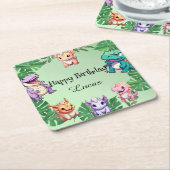 キュート恐竜ジャングルスクール子供の誕生日パーティー スクエアペーパーコースター (アングル)