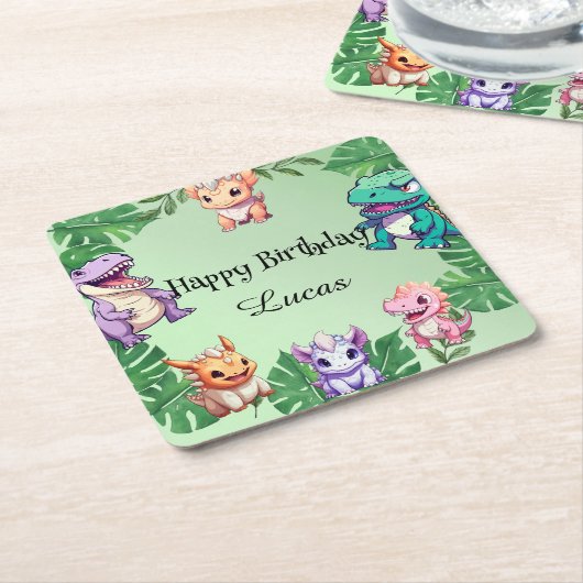 キュート恐竜ジャングルスクール子供の誕生日パーティー スクエアペーパーコースター (アングル)