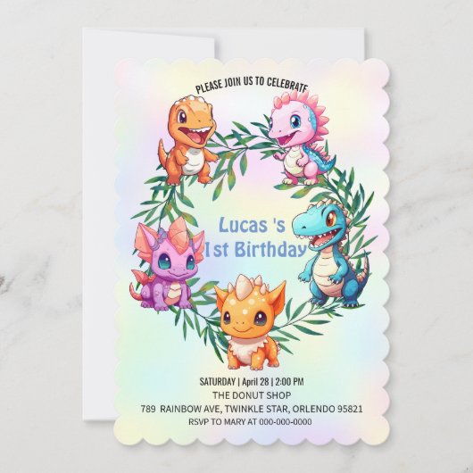 キュート恐竜ジャングルスクール子供の誕生日パーティー 招待状 (正面)