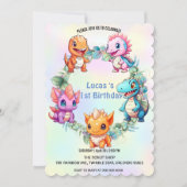 キュート恐竜ジャングルスクール子供の誕生日パーティー 招待状 (正面)