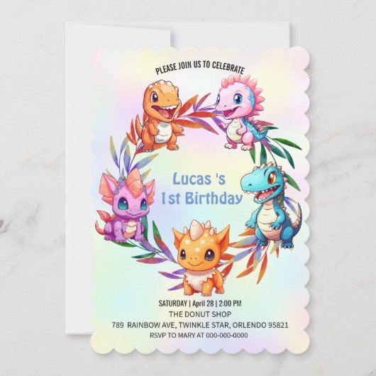 キュート恐竜ジャングルスクール子供の誕生日パーティー 招待状 (正面)