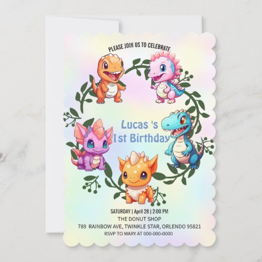 キュート恐竜ジャングルスクール子供の誕生日パーティー 招待状 (正面)