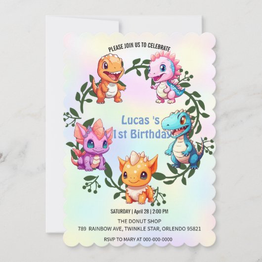 キュート恐竜ジャングルスクール子供の誕生日パーティー 招待状 (正面)