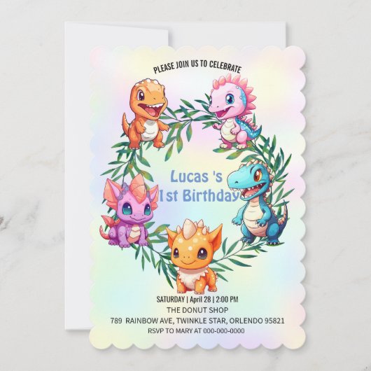 キュート恐竜ジャングルスクール子供の誕生日パーティー 招待状 (正面)