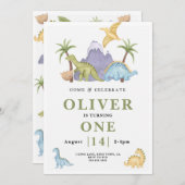 キュート恐竜テーマ誕生日招待状 招待状 (正面/裏面)