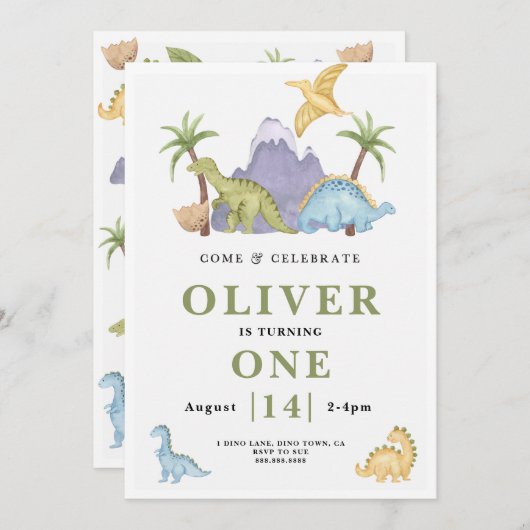 キュート恐竜テーマ誕生日招待状 招待状 (正面/裏面)