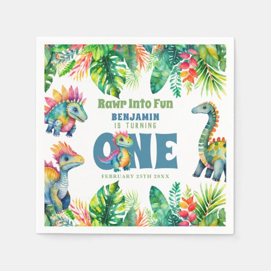 キュート恐竜テーマ1stバースデーボーイウォータースカラー スタンダードカクテルナプキン (正面)